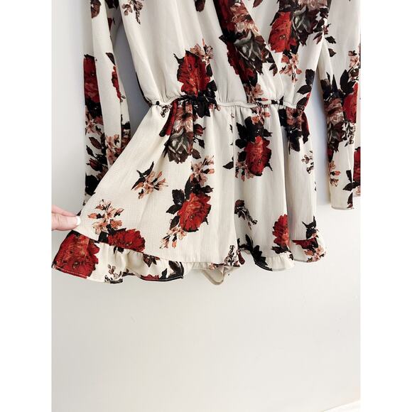 Honey Belle Tan Floral Long Sleeve Surplice Romper Size Small - Picture 3 of 7